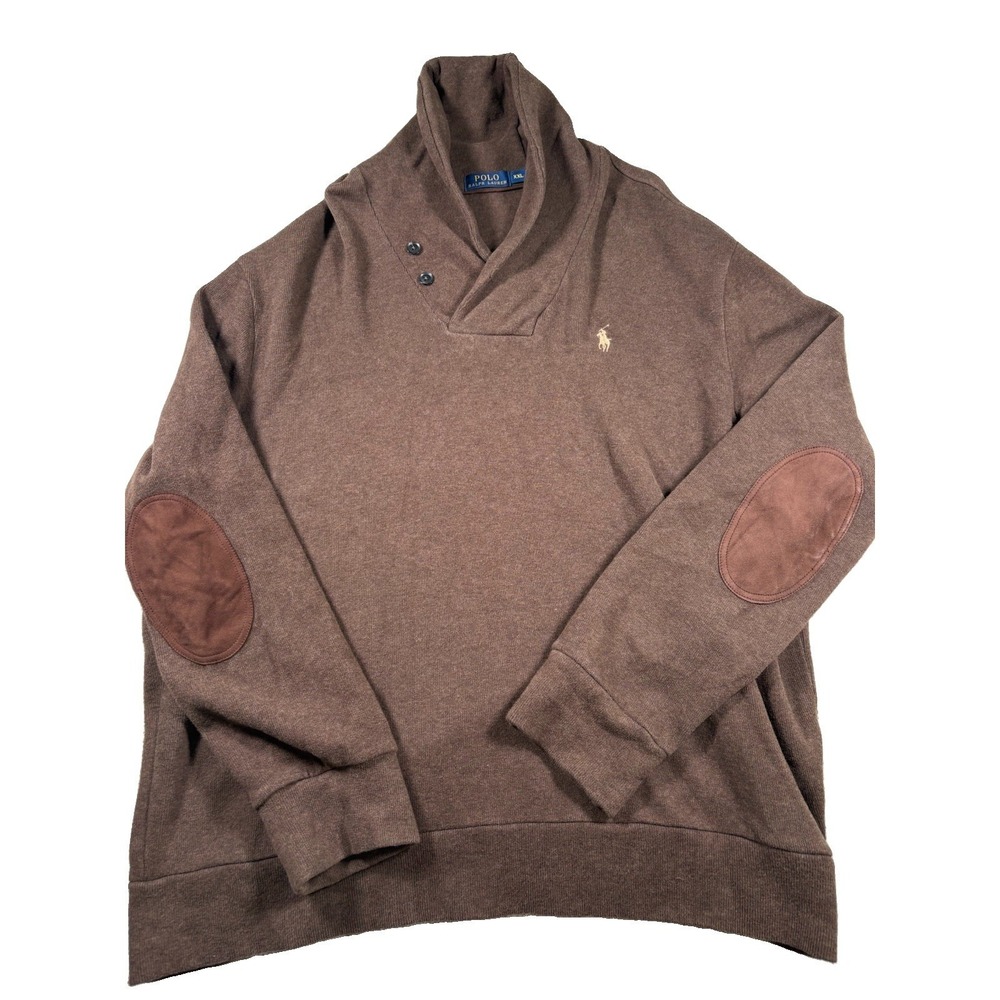 Polo Ralph Lauren Shawl Collar Sweater XXL Brown Suede Elbow Patch Pullover Mens